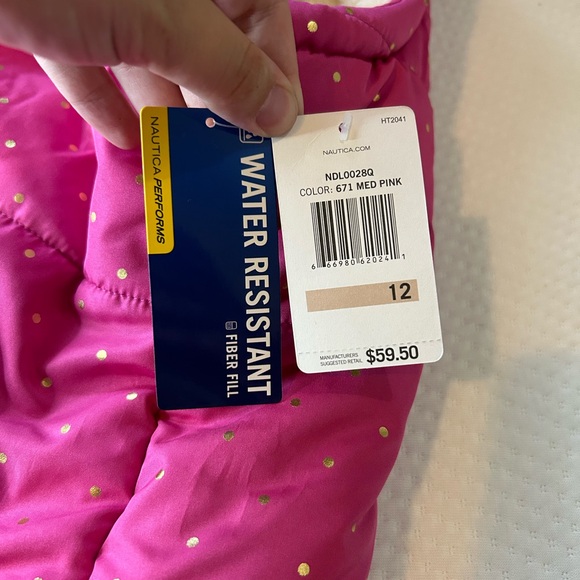 Nautica Vest Girls Size 12 Pink Gold Dotted Puffer Button Full Zip Sherpa Lined - Picture 7 of 10